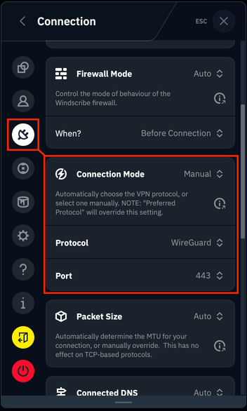 Preferences Menu to Connection