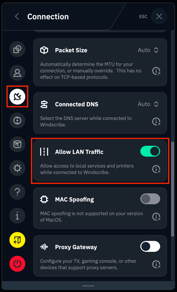Allow LAN traffic toggle