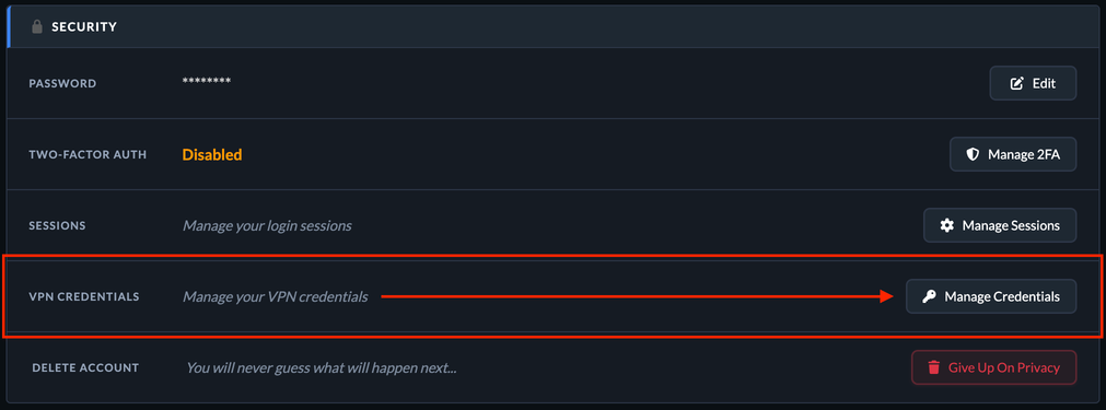 Manage Credentials button