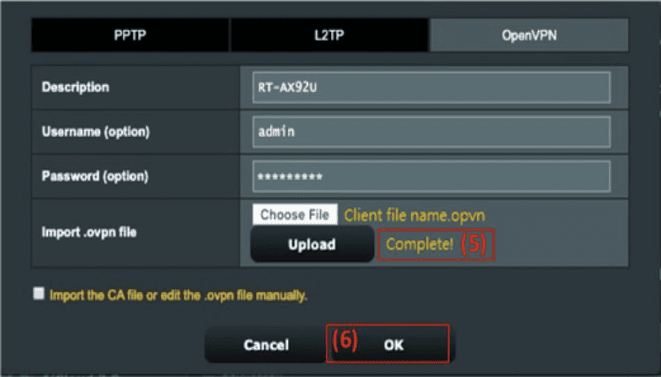 Älteres OpenVPN-Profil von ASUS VPN Client mit abgeschlossenem Upload der Konfiguration