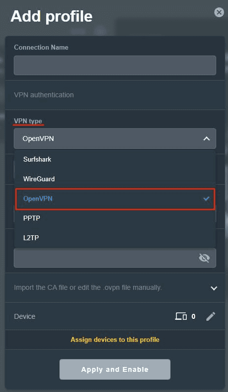 ASUS-Dialog für ein VPN Fusion-Profil mit ausgewähltem OpenVPN im Menü für den VPN-Typ