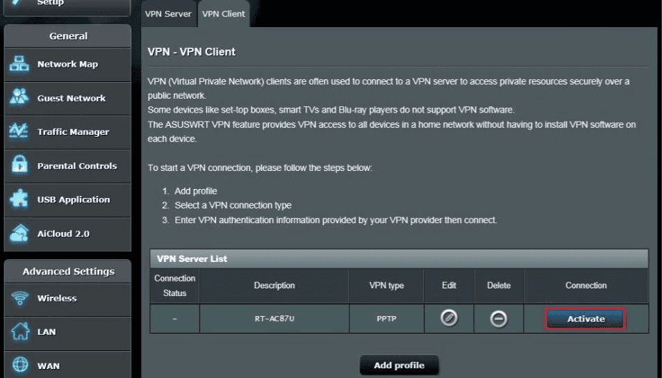 Ältere ASUS VPN Client-Profilliste mit hervorgehobener Schaltfläche Activate