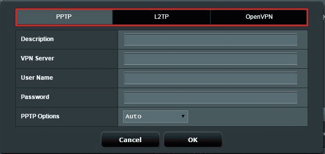 Dialog für ein älteres ASUS VPN Client-Profil mit den Registerkarten PPTP, L2TP und OpenVPN