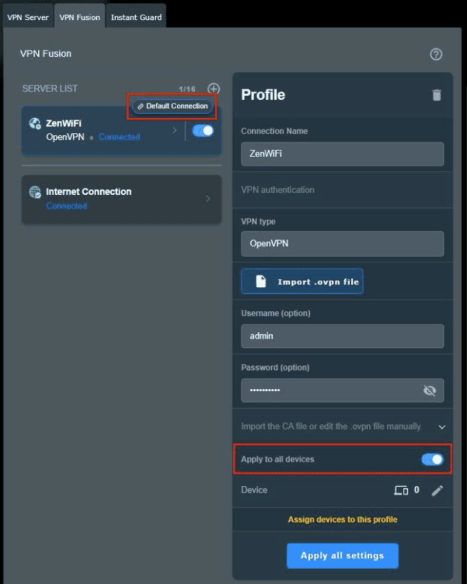 Verbundenes ASUS VPN Fusion-Profil mit aktivierter Option Apply to all devices