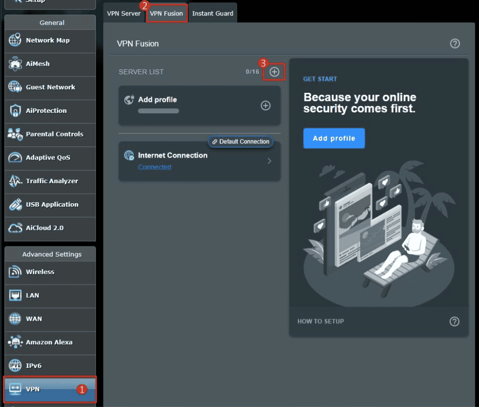 ASUSWRT-VPN-Menü mit hervorgehobener Registerkarte VPN Fusion und Schaltfläche zum Hinzufügen eines Profils