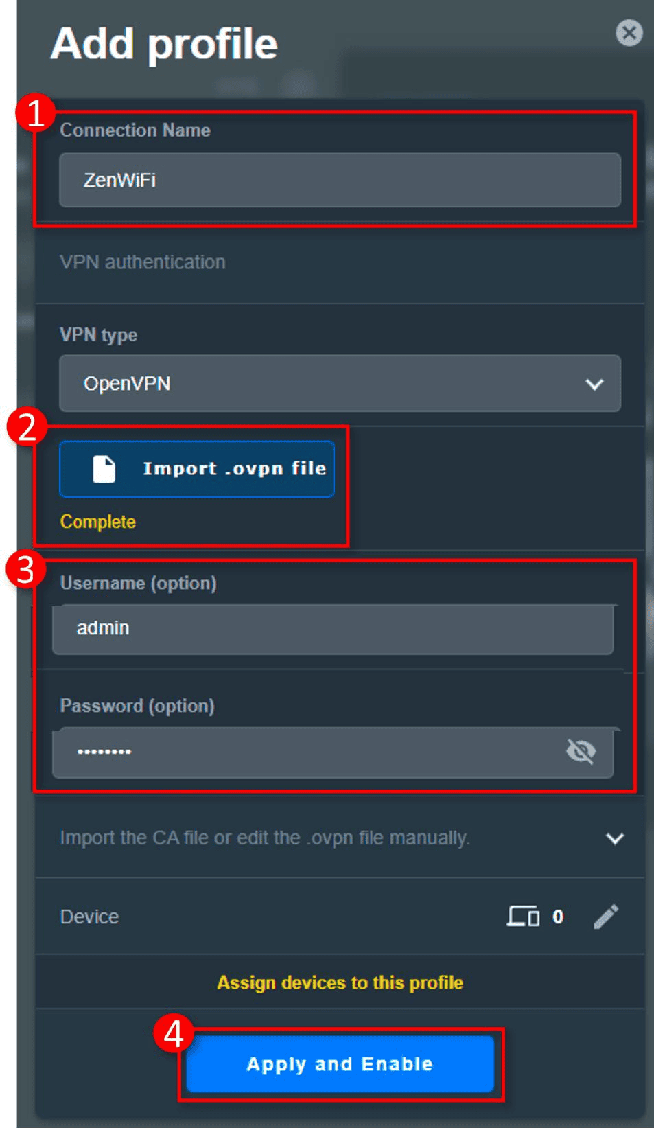 OpenVPN-Profilformular von ASUS VPN Fusion mit hervorgehobenen Bedienelementen für Import, Zugangsdaten und Übernahme