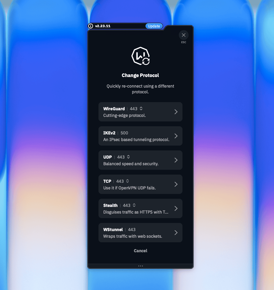 Windscribe-Dialog Change Protocol mit der Option UDP auf Port 443 zwischen den verfügbaren VPN-Protokollen