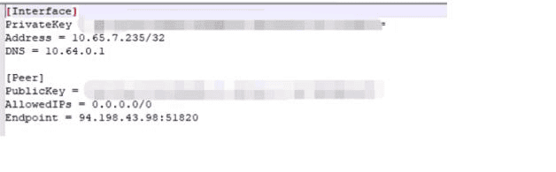 WireGuard-Konfiguration mit den für die TP-Link-Einrichtung verwendeten Parametern und unkenntlich gemachten Schlüsselwerten